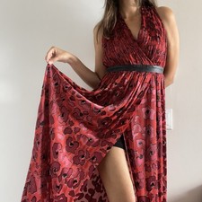 Alice + Olivia | Red leopard silk "Fayeth" maxi pleated cross back gown | Size 6