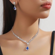 3PCS Water Drop Necklace Earrings Set Pink Crystal Fashion Wedding Jewelry
