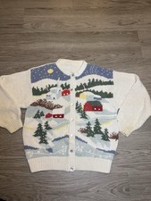Winter Town Vintage Orvis 3D Cardigan 90s Embroidered Snow Town Village Sweater