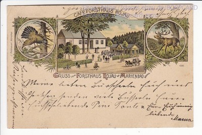 BOHEMIA, LITHO GREETING FROM THE FOREST HOUSE ROJAU b MARY BATH, MARINE MASK LAZNE, 1898