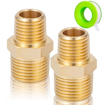 FullMayPro 2pcs Brass Hex Nipple 3/8  NPT to 1/4  NPT Adapter with Teflon Tape
