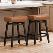 Set of 2 Backless 24" Leather Saddle Bar Stools for Kitchen Island, Brown