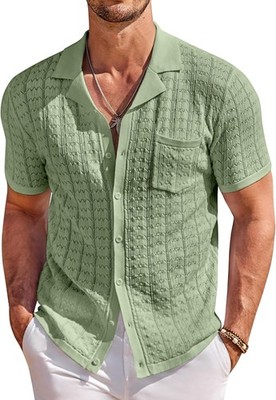 Coofandy Men's Knit Shirts Short Mens Sleeve Button Down Casual Polo Shirt