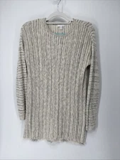 J.Jill Marled Knit Tunic Sweater Women’s XS Gray Beige Fringe Hemp Button-Back