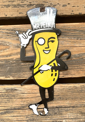 VINTAGE PLANTERS MR. PEANUT 10x5'' MOTOR OIL GAS PUMP PLATE PORCELAIN SIGN