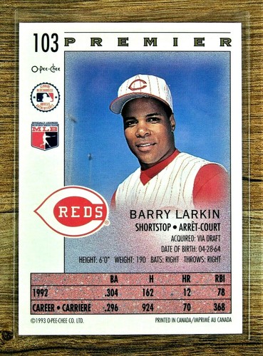 1993 O-Pee-Chee Premier #103 Barry Larkin Cincinnati Reds - Picture 2 of 4