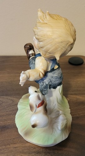 6" Ceramic Child In Denim Overalls and Dog Figurine - Picture 2 of 4