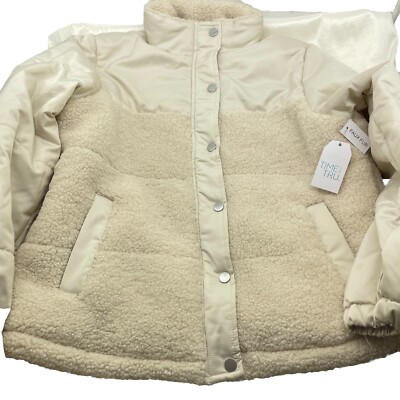 L Time and Tru Women's Mixed Media Puffer Jacket Beige Size Large NWT