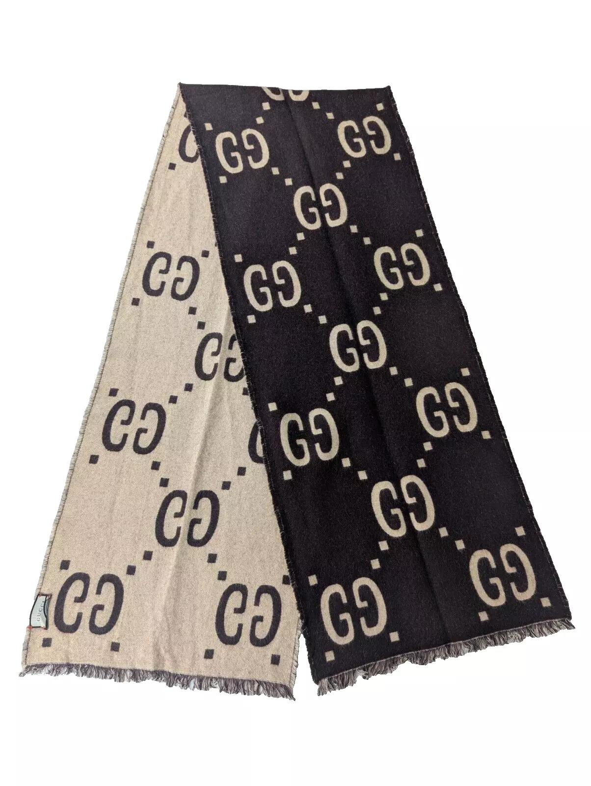 Foulard GUCCI vintage motif monogramme GG froncé laine soie marron fabriqué en Italie.