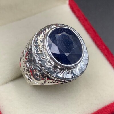 Blue Sapphire Rings Sterling Silver 925 Natural Sapphire Ring Gift For Him Handm