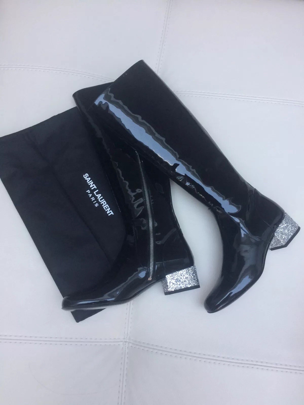 SAINT LAURENT Stivali lunghi YSL in pelle nera impreziosita taglia 36