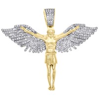 "10K Gelbgold Herren Rund Pflastern Diamant Fliegend Engel AnhäNger 1.50 \" 3/4 Ct"