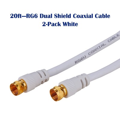 2-Pack -20ft White RG6 Dual Shield Coax Cable for TV Antenna Satellite Dish DVD