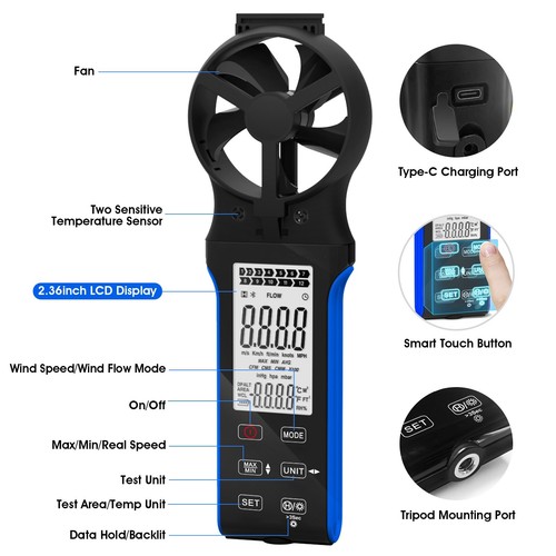 HoldPeak Wind Speed Meter Anemometer with Temp ℃/℉, Multi-Units, 400mAh IP65 - Picture 2 of 9