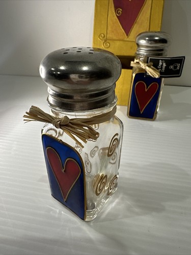 Liza Enger Design Salt & Pepper Shakers - Glass - Heart Painted Red Blue Gold - Picture 2 of 15