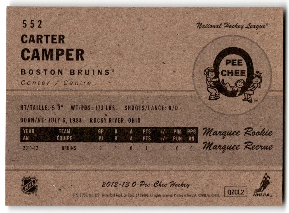 Carter Camper 2012-13 O-Pee-Chee Retro Rookie #552 Boston Bruins - Image 2 of 2