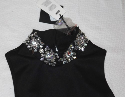 BNWT ASOS UK 8 EUR 36 BLACK JEWELLED HIGH NECK COCKTAIL PARTY SKATER DRESS - Picture 2 of 5