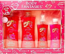 Body Fantasies 4 Piece Pink Vanilla Kiss Gift Set 2 Body Sprays Wash Lotion