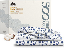 Floral Blue Twin XL Cotton Bed Sheets - 500TC Luxury Sateen, Deep Pockets