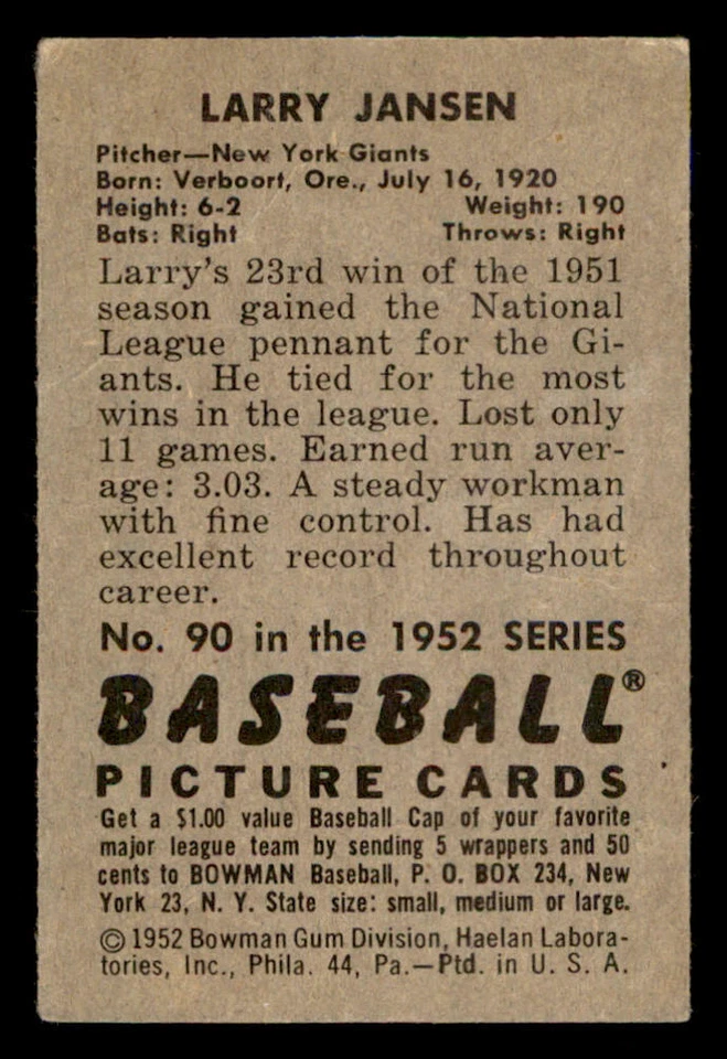 1952 Bowman #90 Larry Jansen - Image 2 of 2