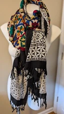 DANA XU Black White Colorful Floral 100%Wool w/Fringe Pashmina Wrap Shawl Scarf
