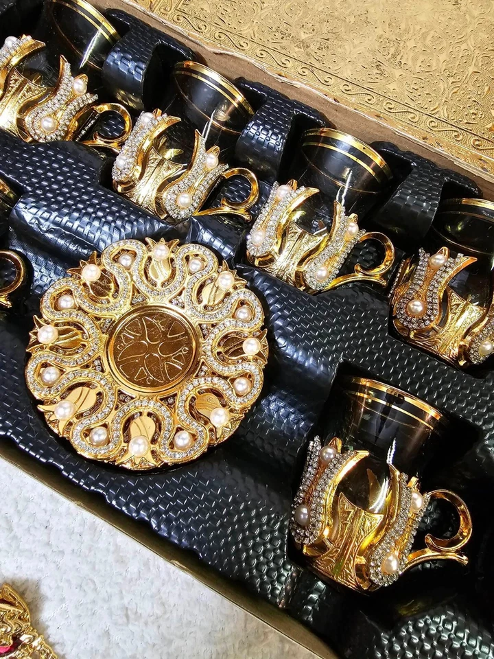 19pcs Handmade Copper Turkish Coffee Tea Serving Set Swarovski Coated Gold Color - Image 2 of 4