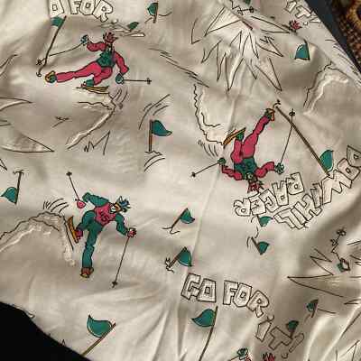 Vintage 1980s Novelty Fleece Knit Fabric for Sewing Skiing Theme Tandem Textil