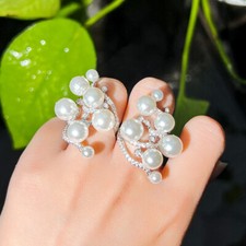 Adjustable Geometric Silver Plated Cubic Zirconia Pearl Fiancee Engagement Ring