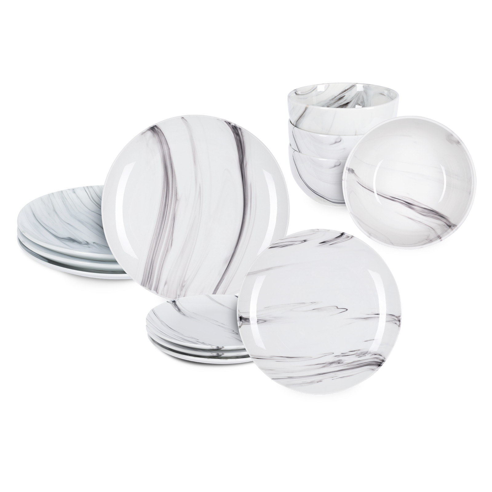 Service de table porcelaine d'argile effet marbre 12 pièces blanc gris