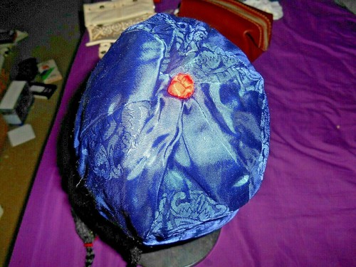 REAL GOLDEN DRAGON ASIAN CAP WITH BRAIDED PONY TAIL BLUE SILK SIZE 8 - Picture 3 of 7