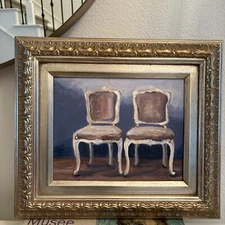 Original Oil Painting Impressionist French Chairs, Custom Framed