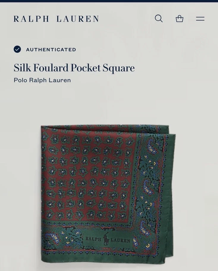 Polo Ralph Lauren Hankerchief Шелковый Фуляр Пейсли Карман Квадратное Зеленое Вино 1 Размер - Изображение 2 из 4