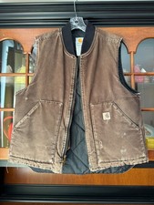 Carhartt Vest Mens L Dark Brown Canvas Quilt Lined VO2 DKB Thrashed Work