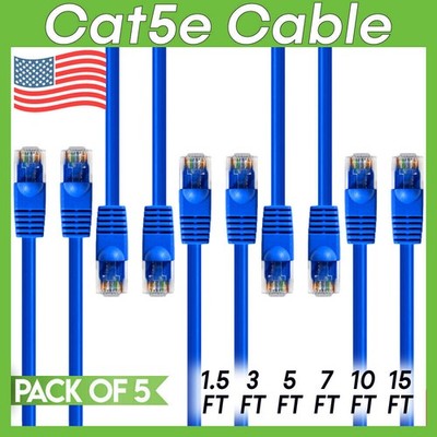 5 PACK Cat5e Cable Blue Cat 5 Patch Cord Ethernet RJ45 Connectors LAN Wire