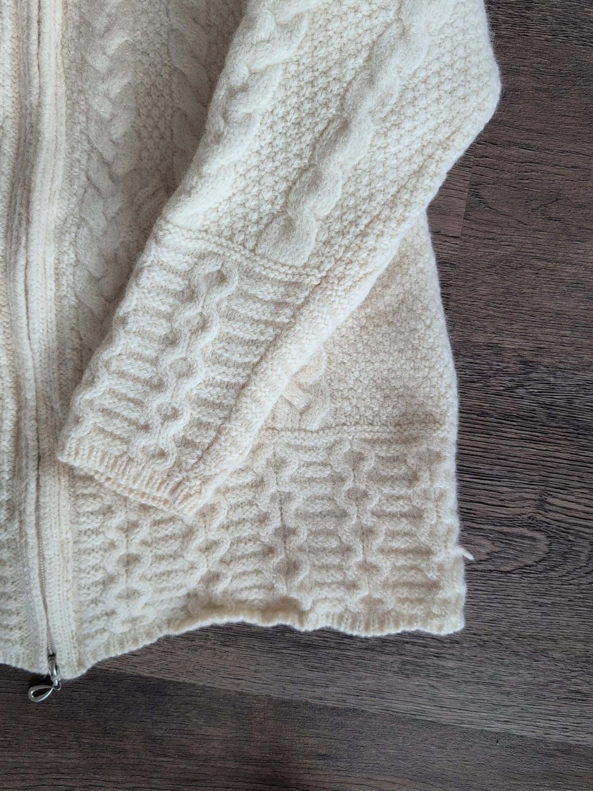 OFF WHITE Maglione Aran Crafts piccolo avorio pescatore lana merino full zip cappuccio Irlanda