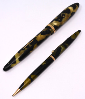 Vintage 1930s Sheaffer Balance Fountain Pen & Pencil Set Black & Pearl 14k nib