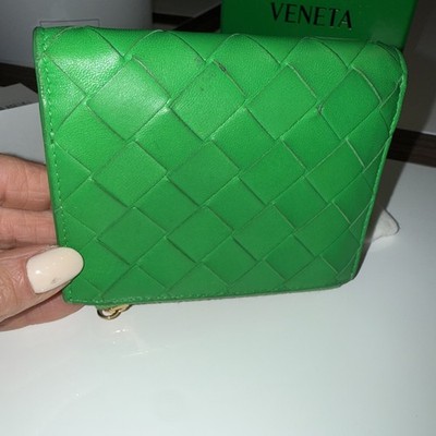 BOTTEGA VENETA Green Leather Woven Bi-Fold Wallet Card Case Box