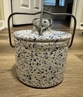 Vintage Blue White Speckled Ceramic Cheese Crock Canister Metal Bail Closure  — photo 1