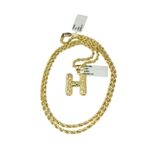 Real 10k Rope Chain 3mm 18"-28" Necklace Nugget H Initial Charm Set Pendant Gold