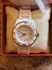 Kenneth Jay Lane Women’s Quartz Watch White Ceramic Bracelet Date Sapphire Box