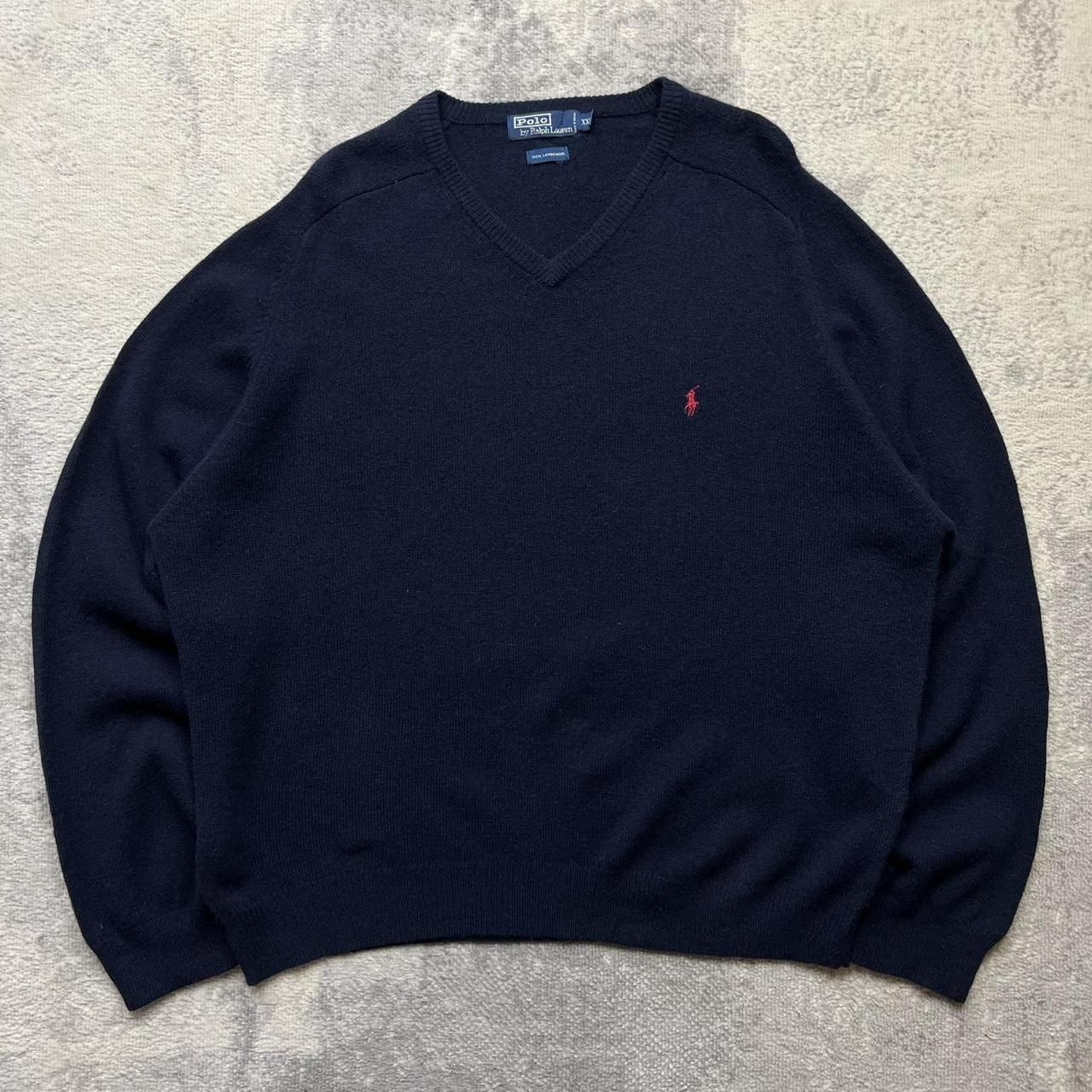 Polo Ralph Lauren Jumper 2XL Men's V-Neck Lambswool Navy Embroidered Logo