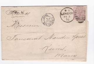 1876 QV 2½d ROSY MAUVE STAMP PL2 (FAULTS) ON LONDON COVER TO REIMS MARNE FRANCE