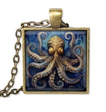 Nautical Sea Animal Octopus - Handmade SQUARE Glass Pendant Necklace
