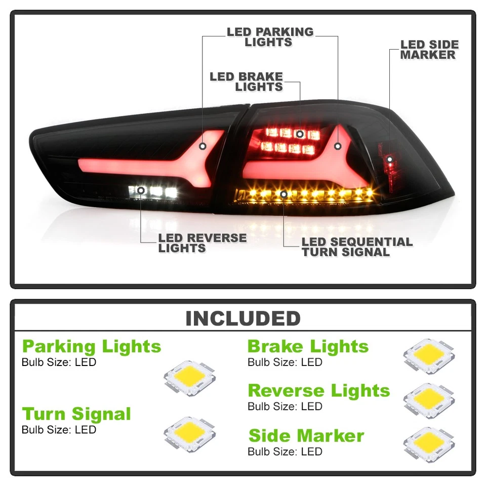 2008-2017 Mitsubishi Lancer 08-15 EVO X Black Smoked LED Tube Tail Lights Lamps - Image 3 of 4