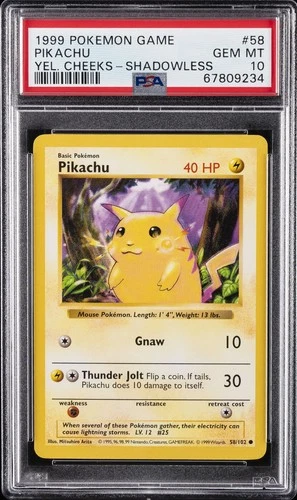 1999 POKEMON BASE SET YELLOW CHEEKS-SHADOWLESS #58 PIKACHU PSA 10