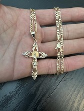 18 Carat Gold Filled 3mm 24in Figaro Necklace With Ornate Cross,750,Italy