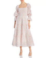 Lucy Paris $129 Pink Floral Smocked Bodice Long Sleeve Cotton Maxi Dress M NWT