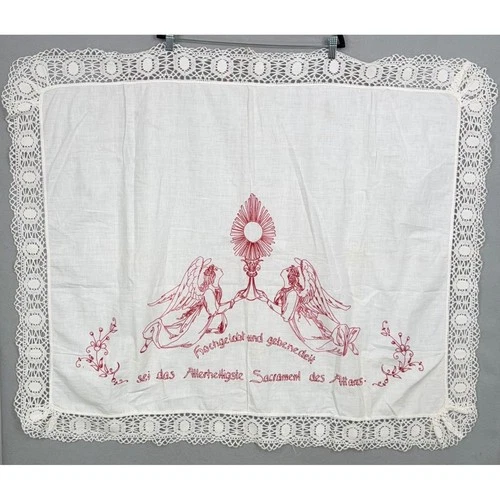 Vintage Handmade German Catholic Linen Altar Cloth Angels Monstrance Lace