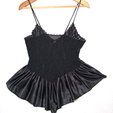 Vintage Teddy Cami Top M Black Floral Lace Nylon Intimate Flirty Coquette USA