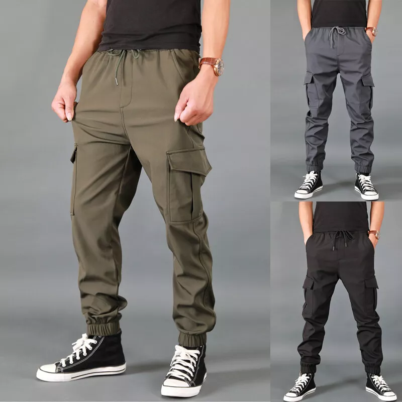 Men Tapered Elastic Hem Bottoms Cargo Pants Jogger Jogging Trousers Casual  Plain